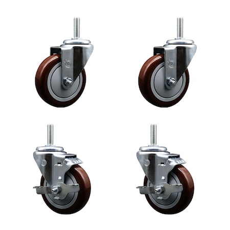 Service Caster 4 Inch Maroon Polyurethane Wheel Swivel 58 Inch Threaded Stem Caster Set 2 Brakes SCC SCC-TS20S414-PPUB-MRN-58212-2-TLB-2
